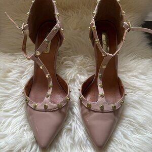 Halogen Martine T-Strap Studded Heel Patent "Leather"